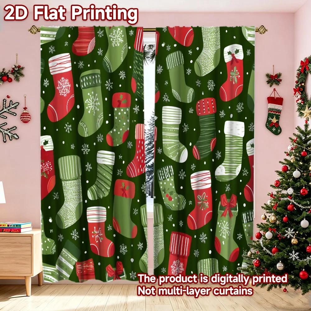 2D flat printing 2pcs Trend Christmas Curtains Christmas Stockings Pattern Digitally printed polyester, colorfast Family Party