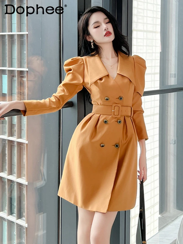 

Autumn New Women's Clothing Temperament Lapel Waist Double Breasted A-shaped Pendula Suit Dresses Commuter Style Dress 2024 New