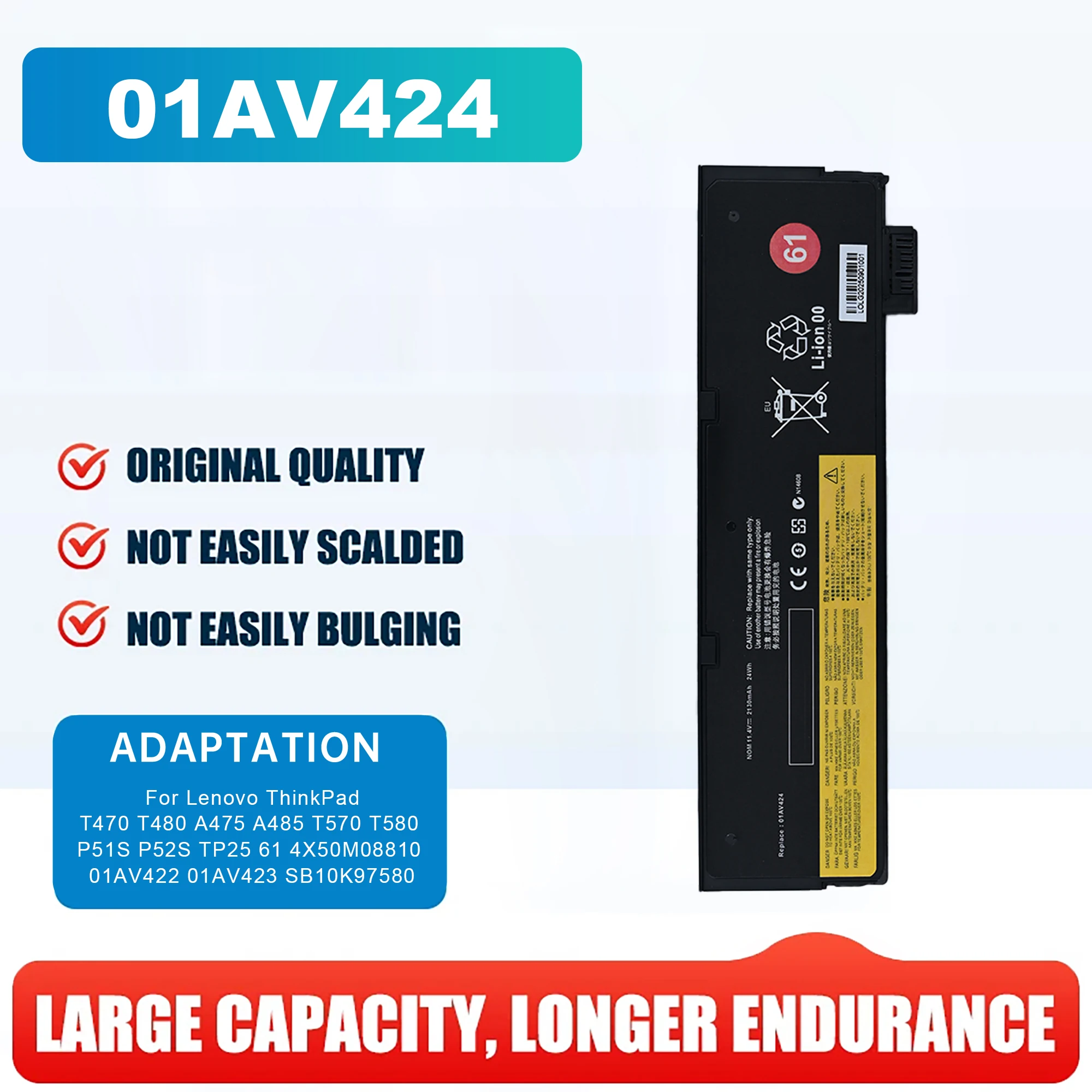 11.4V 2100mAh Laptop Battery for Lenovo ThinkPad T470 T480 T570 T580 P51S P52S 01AV424