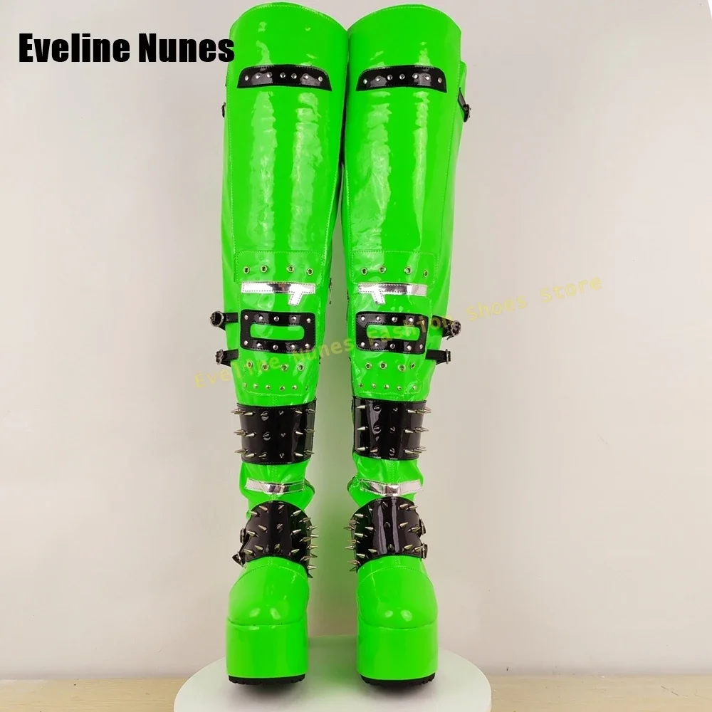

Punk Over The Knee Boots 2025 Autumn Newest Green and Black Rivet Platform Long Boots Round Toe Block Heels Belt Buckle Couple