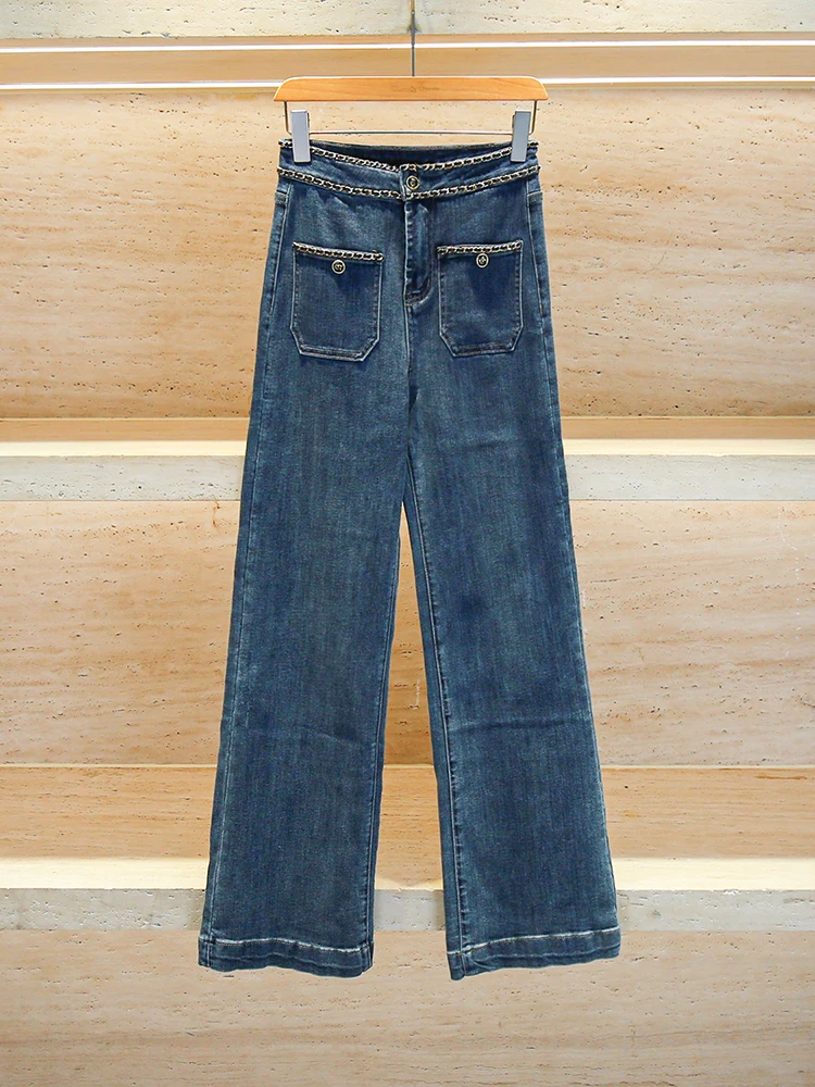 

High Waist Wide Leg Jeans Slimming Loose Chain Design Retro Sle Long Pants Women's High-End European Faion Denim Jeans