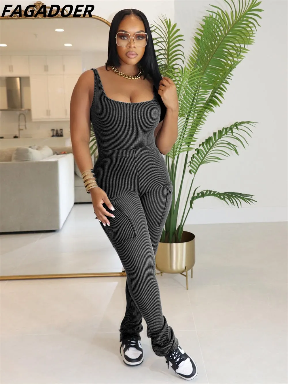 FAGADOER Casual Solid Ribber Skinny Pants Tracksuits Women Strap Sleeveless Backless Bodysuits And Pants Two Piece Sets Outfits