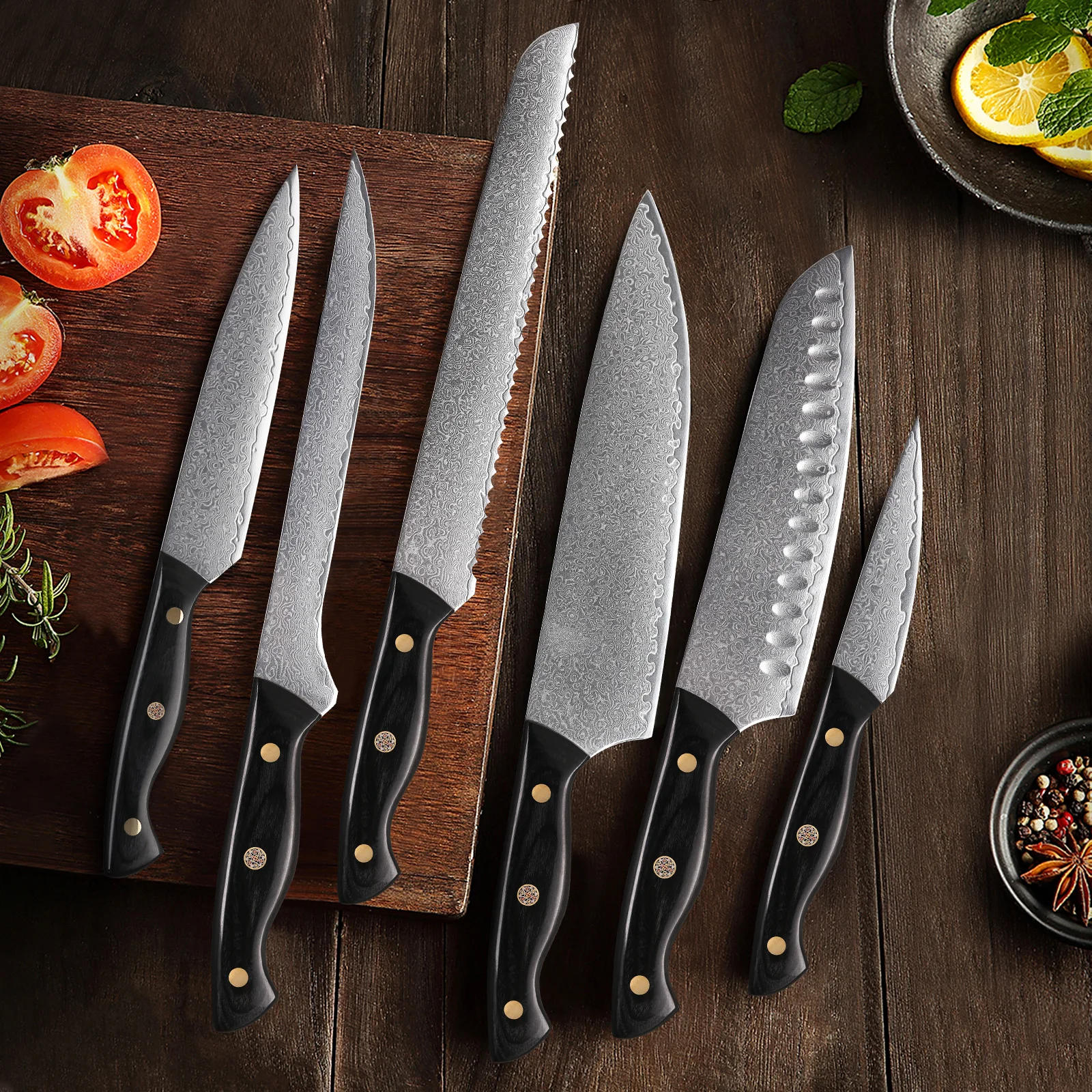 TURWHO 1-6PCS Kitchen Knives Set Japanese 67 Layer Damascus Steel Chef Knife PRO VG10 Santoku Bread Boning Utility Paring Knives