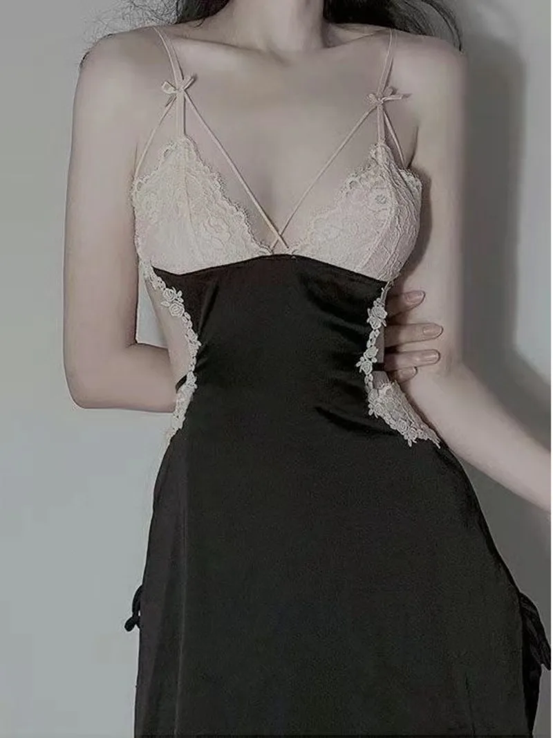 Maturo Hollow Passion Out Intimo Backless Rosa Gonna con bretelle Seta come sexy Ruffle Taglio basso Abito con bretelle da donna NXM6