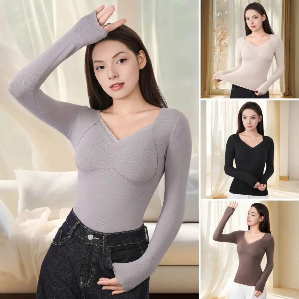 

Elastic Tops Cozy Women's Velvet Lined Thermal Tops V-neck Long Sleeve Blouse with Elastic Bottom for Winter Warmth Style