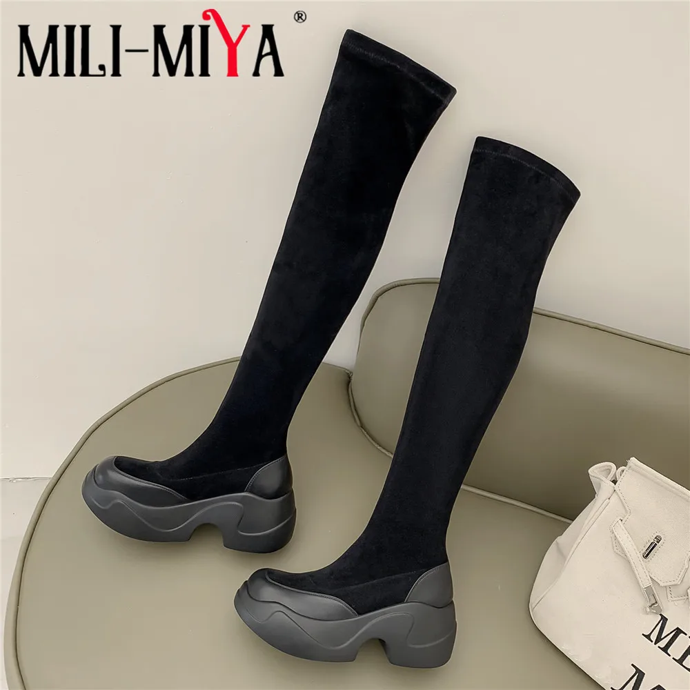 

MILI-MIYA Fashion Slip On Women Cow Leather And Stretch Flock Over The Knee Boots Round Toe Thick Heels Round Toe Black Color