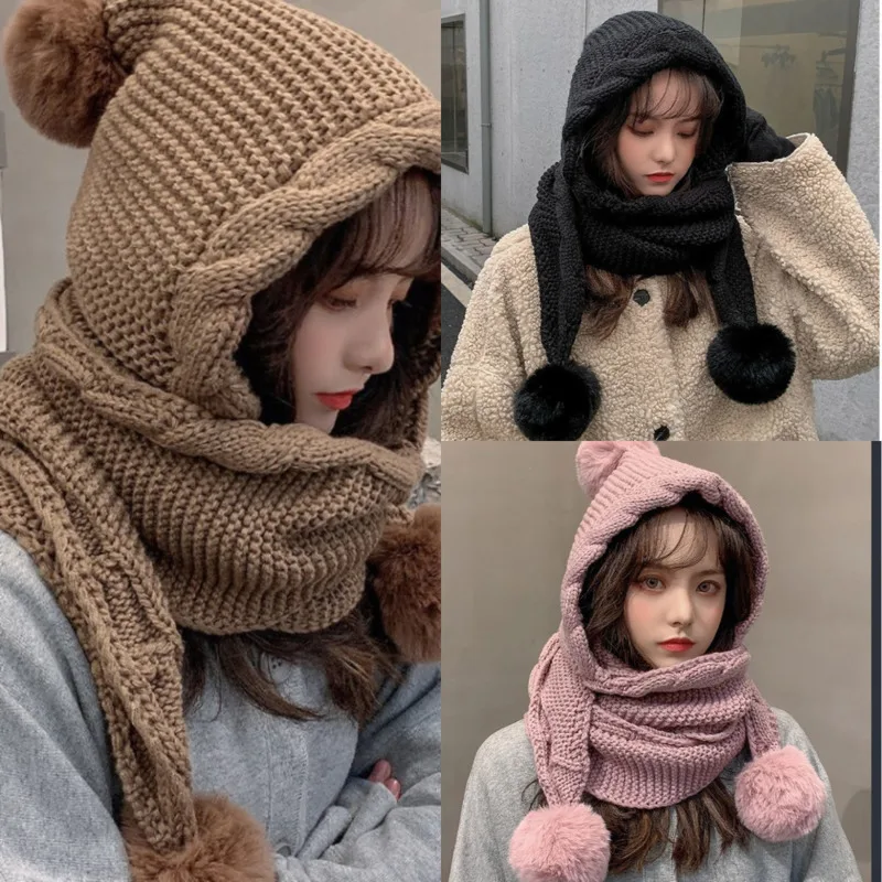 

Fashion Women's Autumn-Winter Warm Knitted Hat Casual Adorable Pom Pom Ear-Warmer Knit Hat Chic Thickened One-Piece Scarf Hat