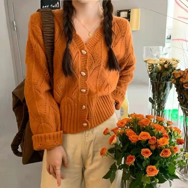 Orange Hollow Knitted Cardigan 2024 New Autumn Women's Exquisite Button Design V-neck Gentle Sweater Casual Versatile Short Coat