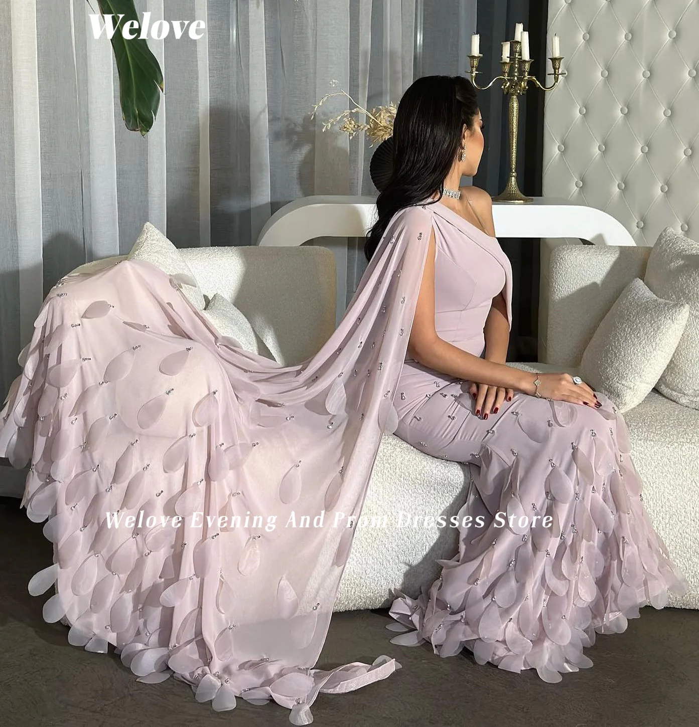 Welove Light Purple One Shoulder Dubai Prom Dress Crystal Petal Evening Gowns Mermaid Robes De Bal Vestidos Arab New 2024