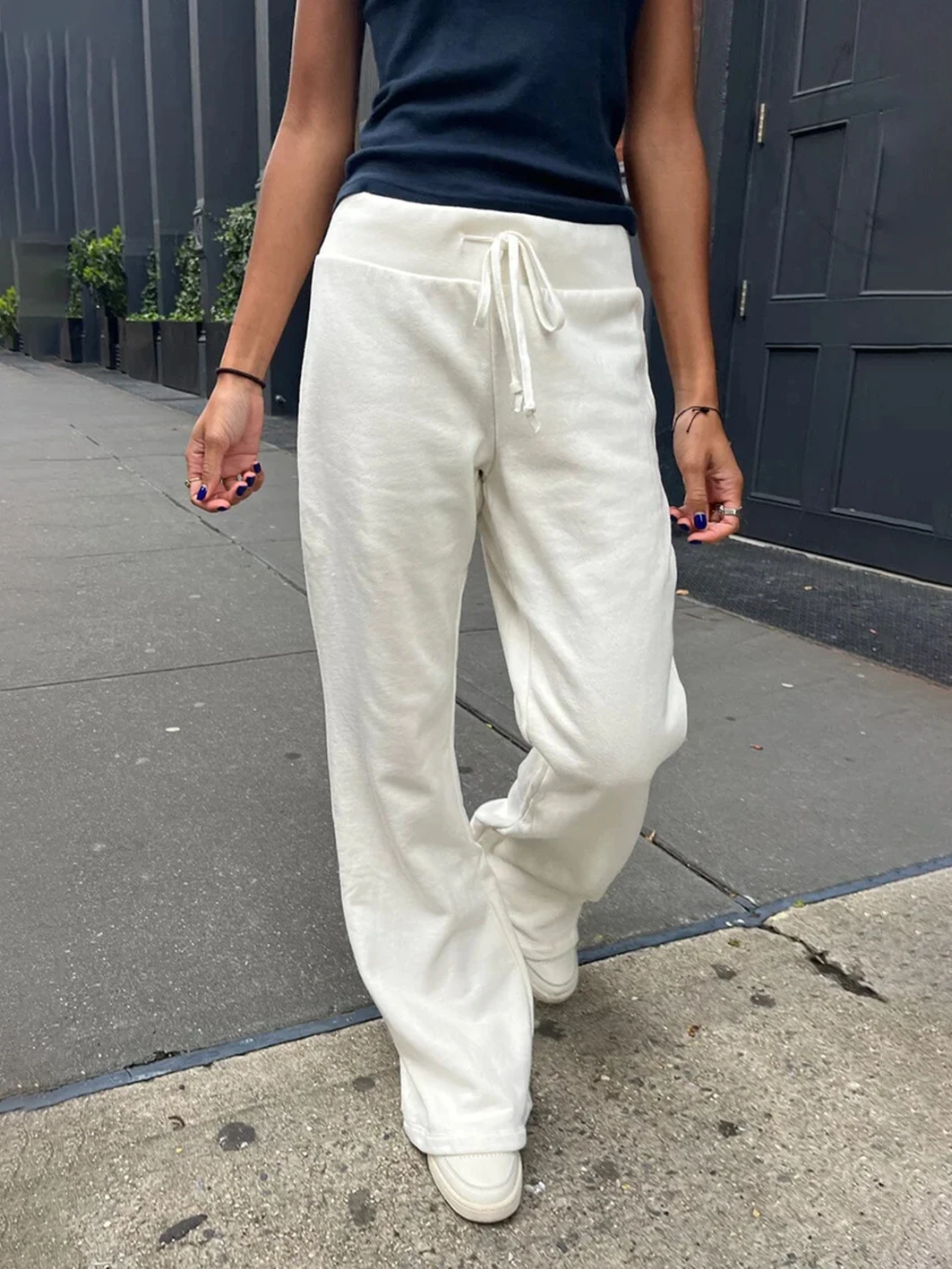 Drawstring Raw Hem White Straight Long Pants 2023 Sweet Cute High Waist Raw Hem Trousers Summer Casual Sport Sweatpant Chic