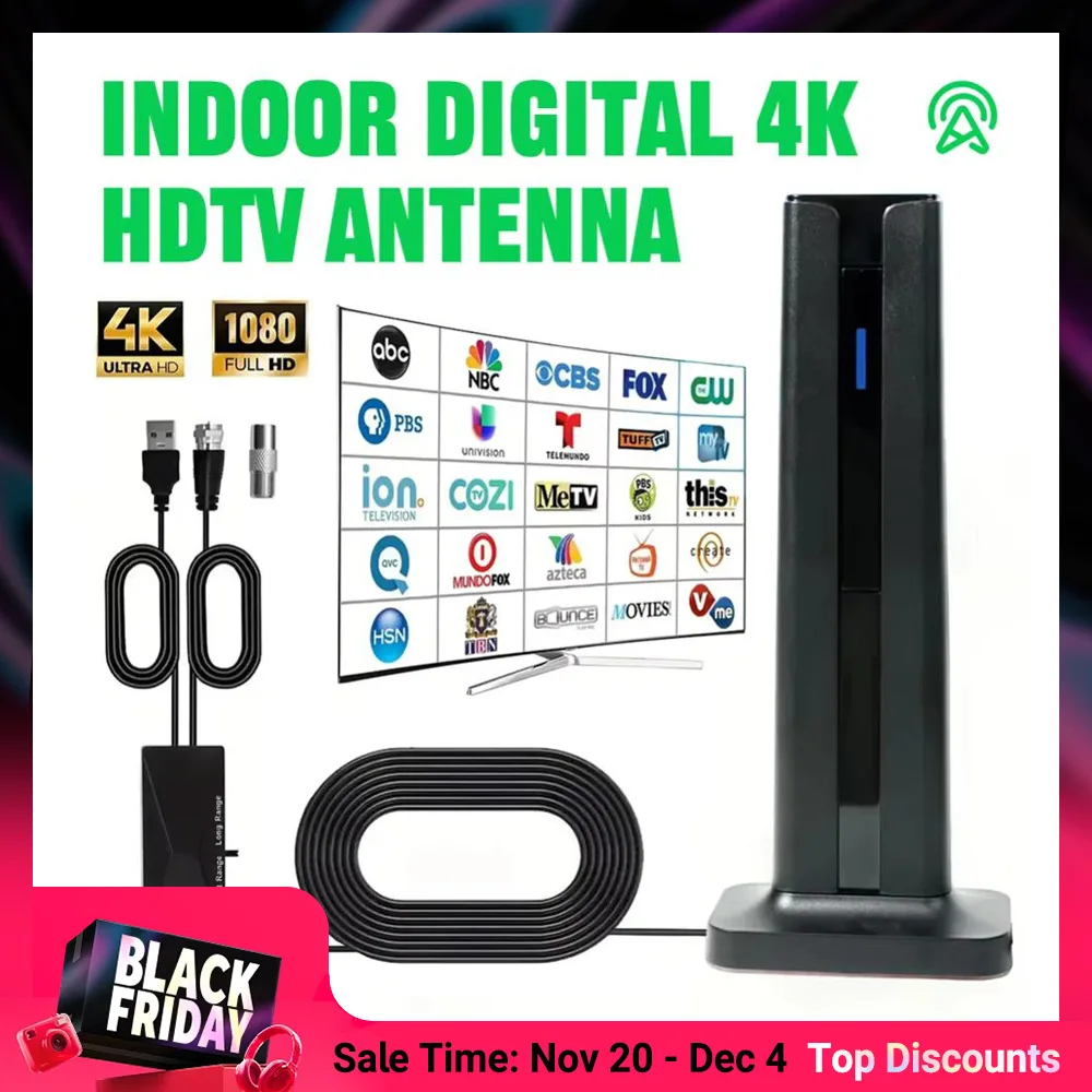 هوائي تلفزيون داخلي مضخم بمدى 200+ ميل مع معزز إشارة عالي الكسب لجميع التلفزيون الذكي 4K 1080P HDTV والقنوات الرقمية #1