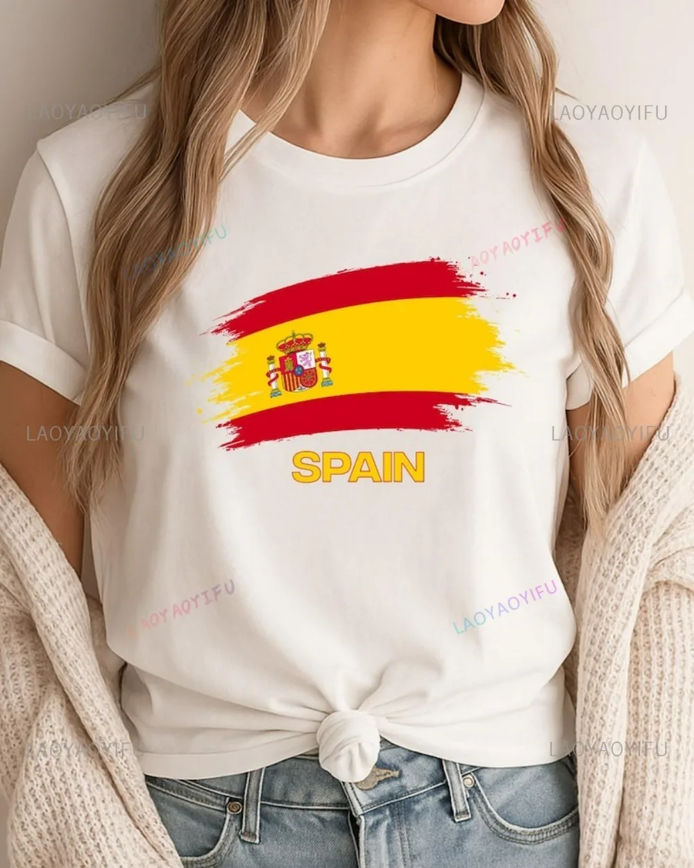 Bawełniana koszulka z nadrukiem flagi Hiszpanii Piłka nożna Dziecko Patriotyczny motyw Trend Kreatywny styl uszkodzeń Ręcznie rysowany styl artystyczny