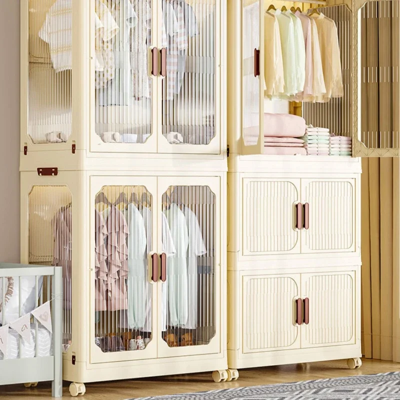 Multi-Layer Folding Storage Cabinet with Wheels Double Door Wardrobe Closet Transparent Large Capacity Organizer Bins