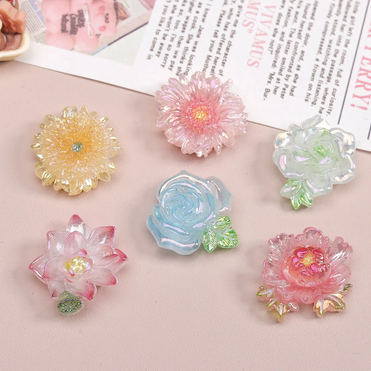 New Flowers Resin Cabochons Collection 10pcs Glossy Lotus Sunflower Roses Flat Back Embellishments For Hair Bows Wholesale