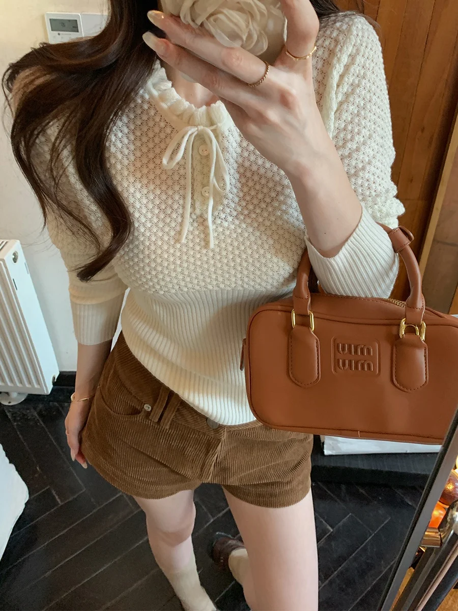 

MUKOK Autumn Girl Peach Blossom Slimming Design Wooden Collar Aosphere Long Sve Knitwear Knot Pure Color