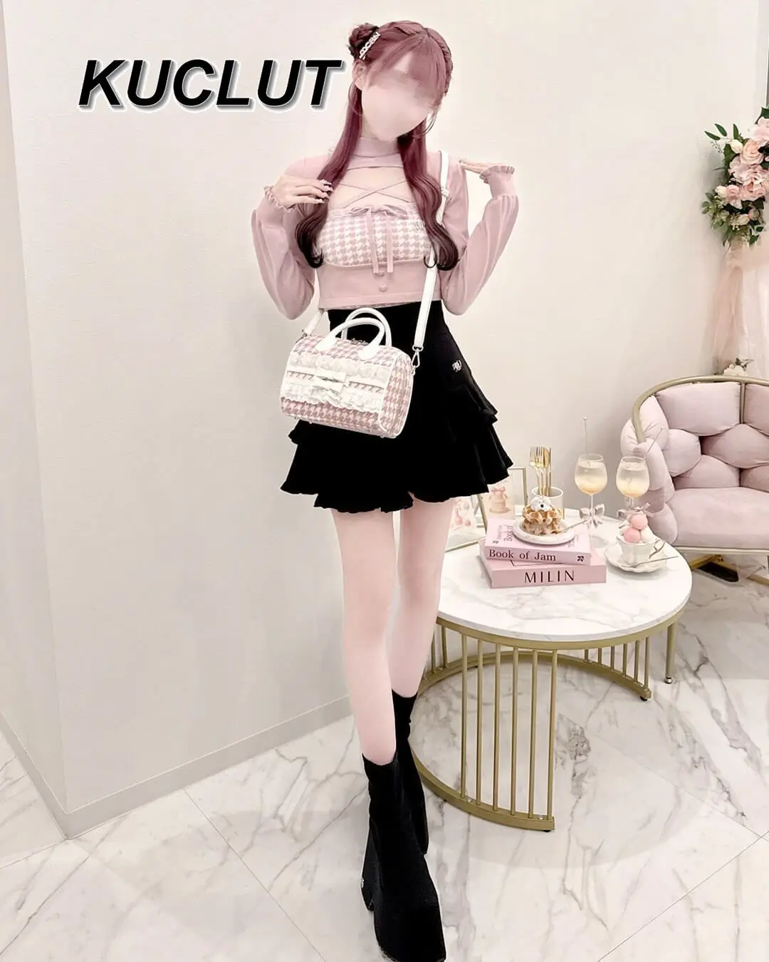 일본 스타일 패션 여성 니트 셔츠 가을 겨울 신상 하운드투스 레이스업 니트 조끼 세트