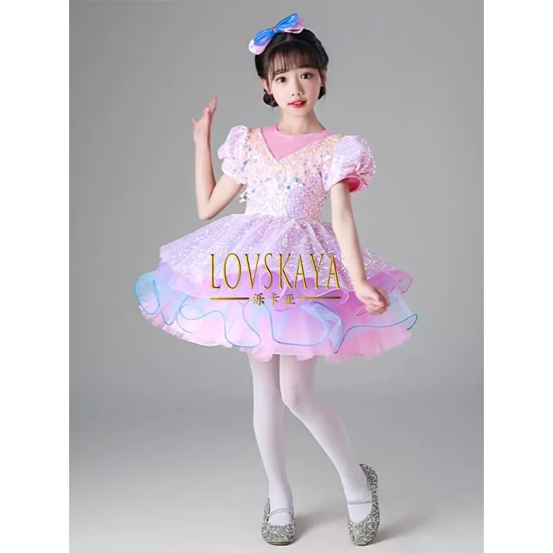 Children fluffy gauze dress performance dress purple princess girl kindergarten dance performance dress