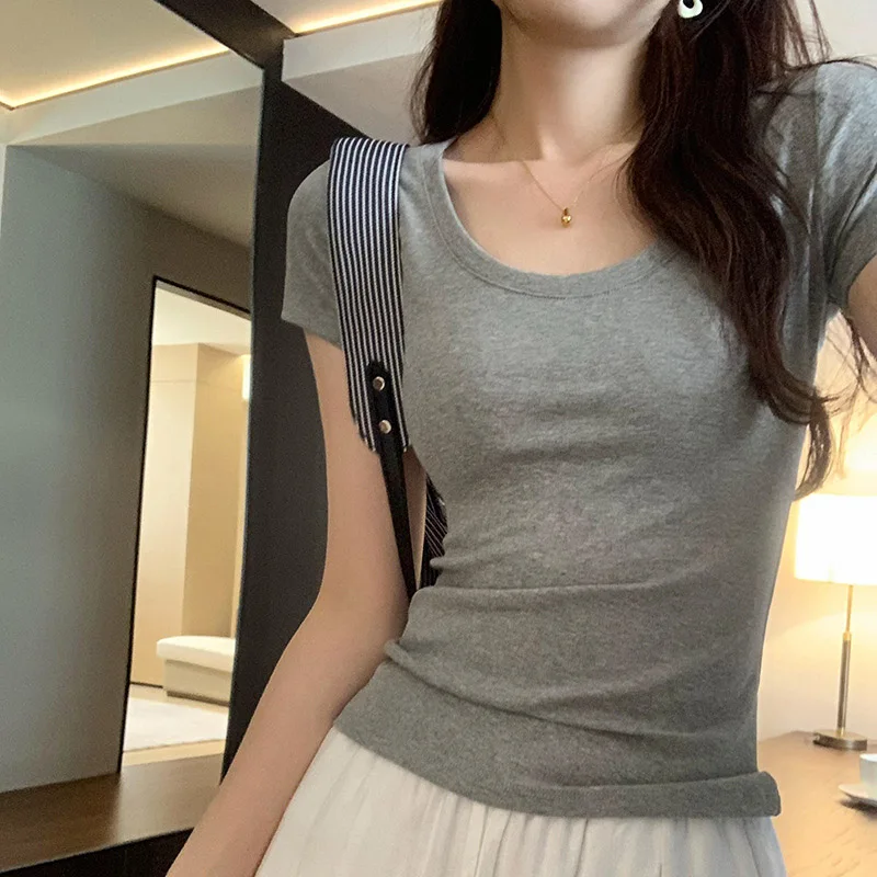 تي شيرت قطني غير رسمي صيفي لعام 2025 للنساء تي شيرت بأكمام قصيرة ملابس نسائية عصرية ضيقة أساسية برقبة دائرية Y2K تي شيرت نسائي #2