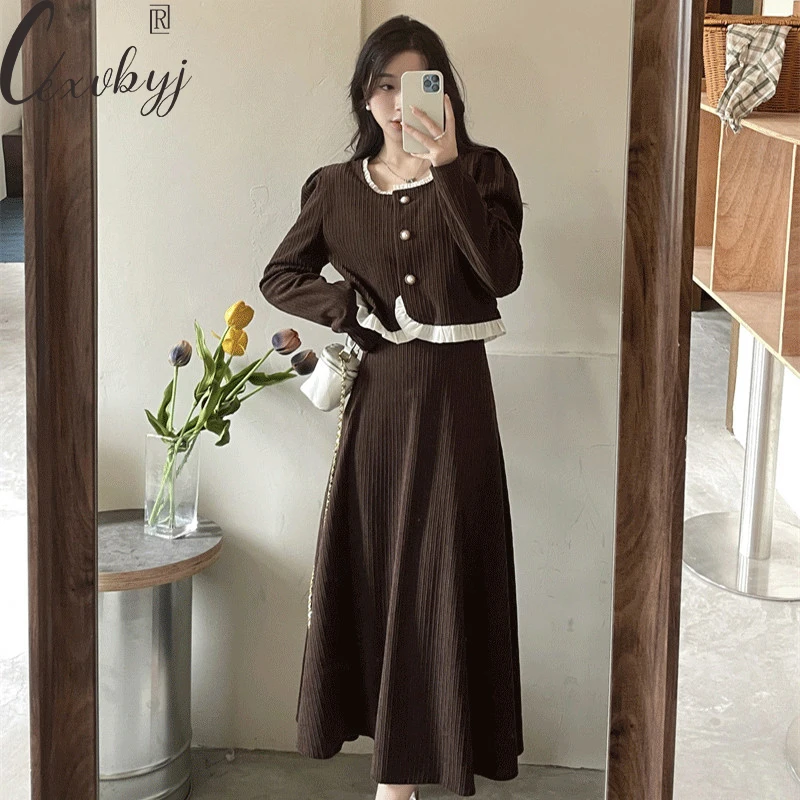 Korean Corduroy Long Sleeve Skirt Set Women Elegant Square Collar Cropped Jacket +Long Skirt Two Peice Outfits Autumn Design Set