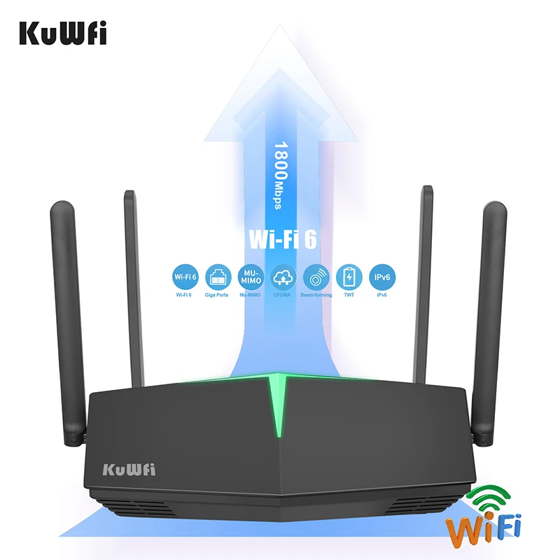 KuWfi Wi-Fi 6 듀얼 밴드 라우터 – 2.4G 및 5.8G 지원, 최대 1800Mbps 속도, 4개의 안테나로 강력한 신호 제공, WLAN 및 VPN 포트, 최대 128명 사용자 지원