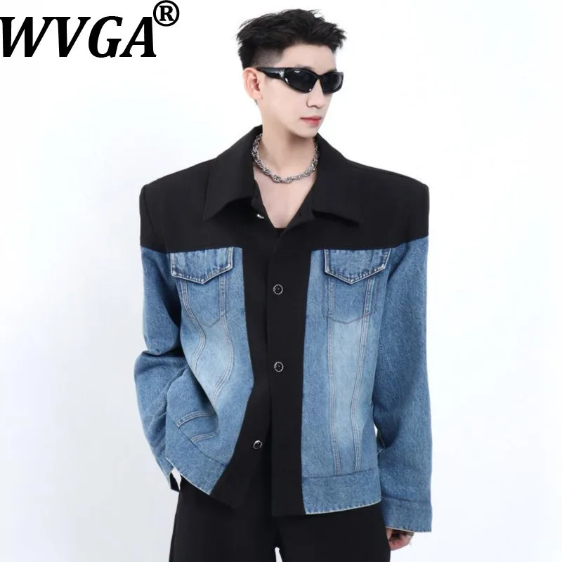 

WVGA весна осень новые мужские джинсовые лоскутные модные короткие куртки нишевые шикарные повседневные пальто с отложным воротником с цветными блоками W13795