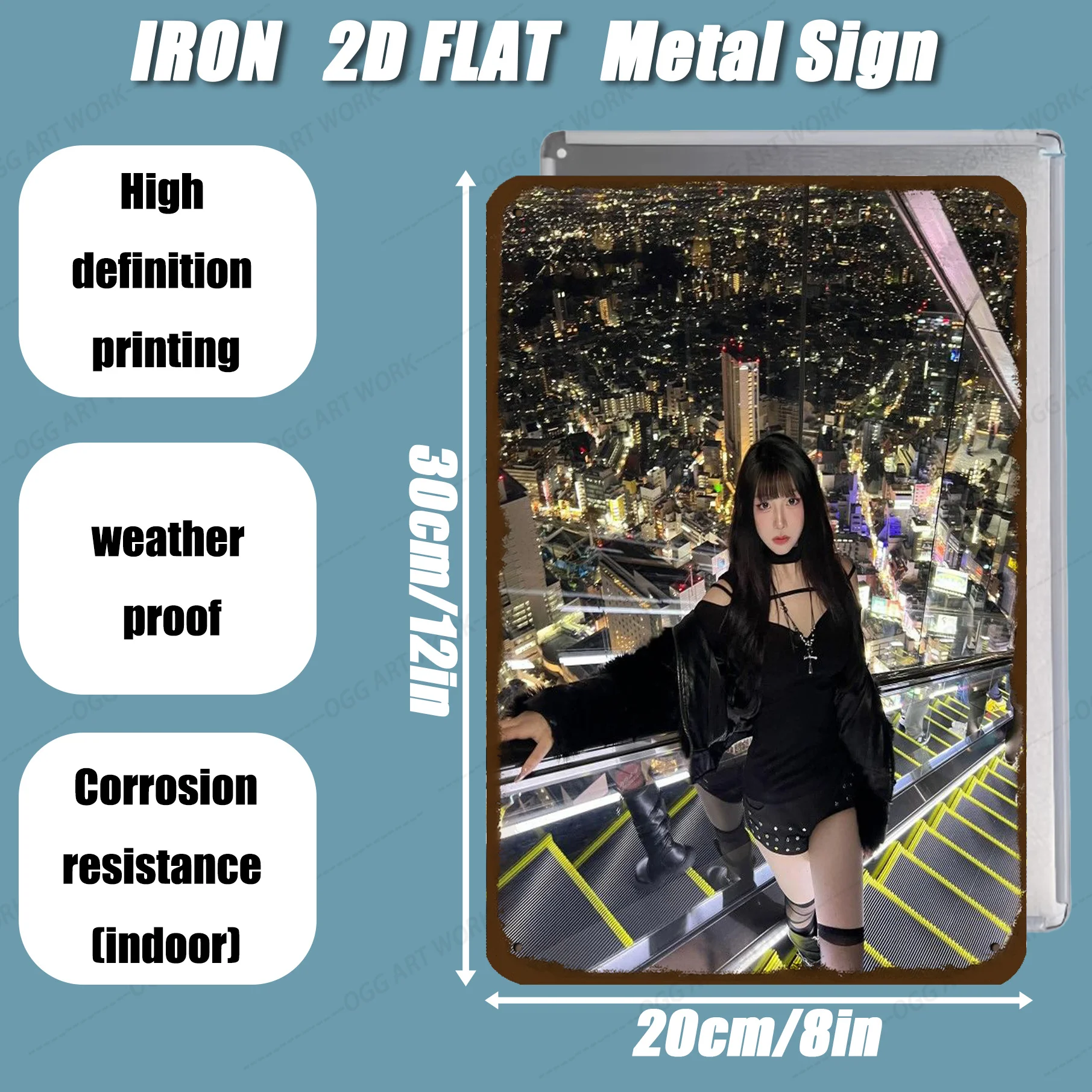 Retro Girl City Night Lights Elevator Tin Sign 8x12 Inch Wall Art Indoor Outdoor Metal Decor