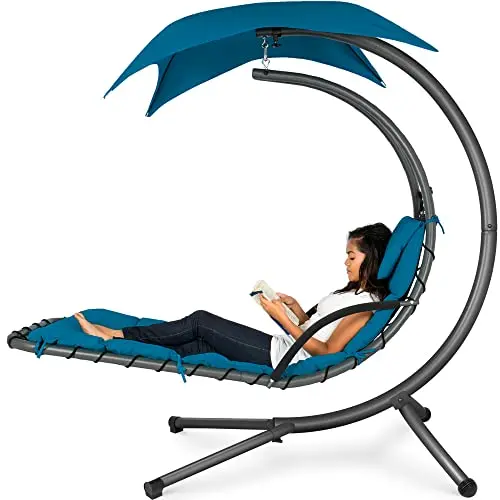 Outdoor Hanging Curved Steel Chaise Lounge Chair Swing w/Built-in Pillow and Removable Canopy - Peacock Blue