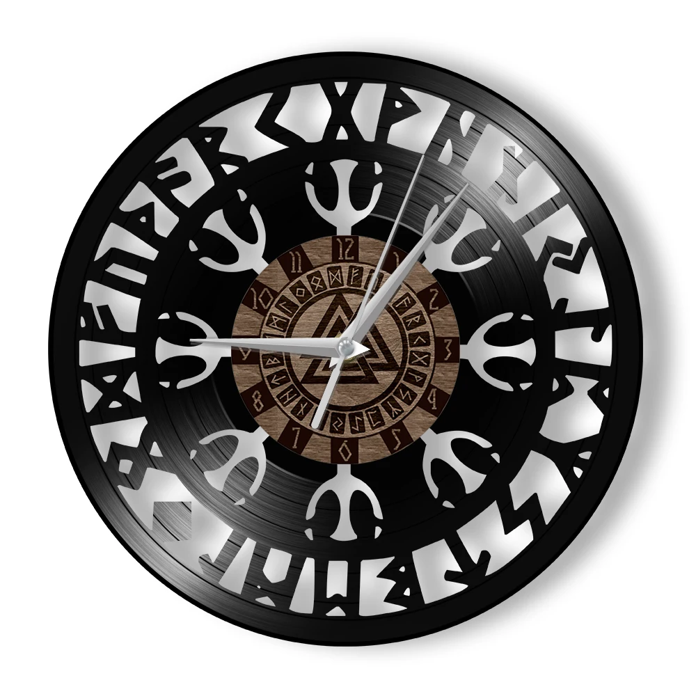 Vegvisir Viking Compass Vinyl Record Wall Clock Nordic Protection Symbol Home Decor Retro Carved Music Album Longplay Wall Clock