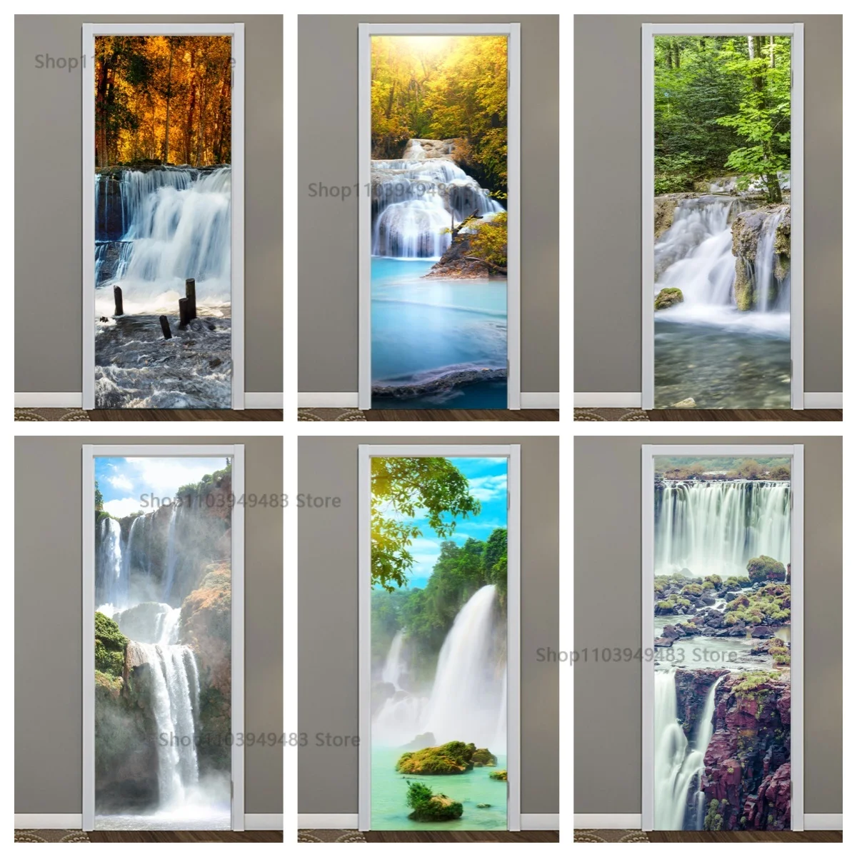 Waterfall Scenery Full Door Cover Decals Wallpaper Home Cabinets Decoration Art Door Waterproof Self-Adhesive Mural Wall Sticker