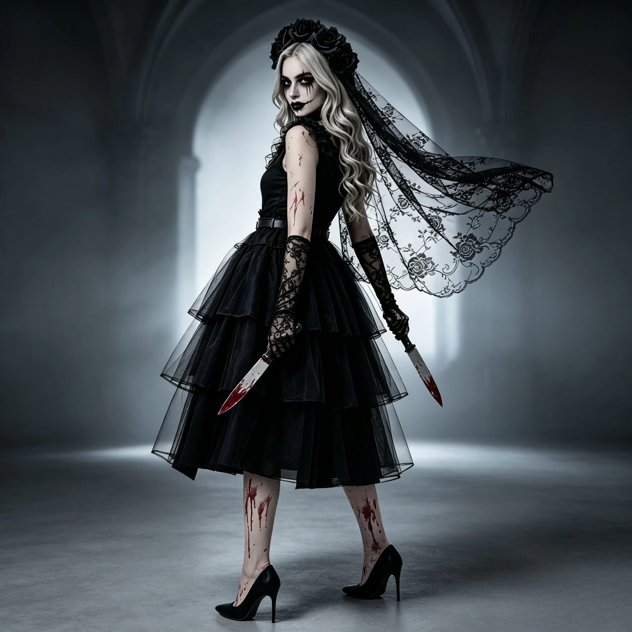 Dark Gothic Ghost Bride Cos Outfit Black Mesh Tiered Skirt Halloween Zombie Bride Costume Party Stage Performance Dress