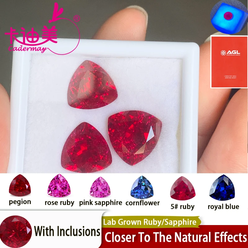 

CADERMAY Trillion Cut Lab Grown Pegion Blood Red Ruby Sapphire Loose Stones With Inclusion AGL For Customized Smart Jewelry