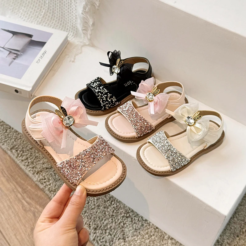 Girls Sequins Princess Sandals Simple Kids Summer Beach Fashion Children Shiny Leather Sandals with Bow-knot 2024 New