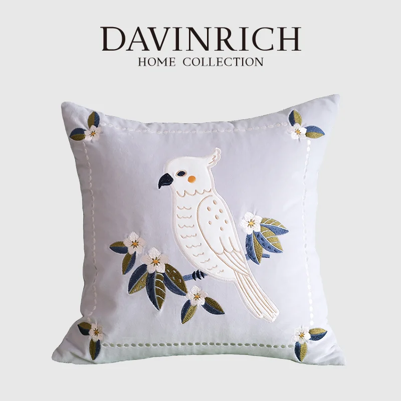 

DAVINRICH Boutique Art Deco Cushion Covers Super Soft Velvet Parrot Embroidered Throw Pillow Case 45x45cm Tropical Style Decor