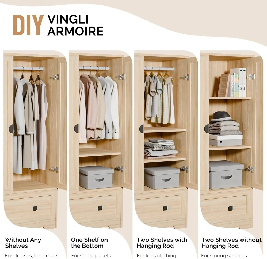 Armadio, armadi e armadi con ante, asta sospesa, ripiani e cassetti, armadio guardaroba indipendente