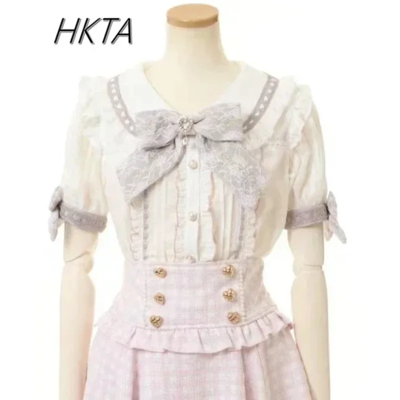 DY20로지타 스타일 레이스 보우 인형 칼라 로리타 셔츠 여름 패션 여성용 탑 스윗 라인스톤 보우 슬림 반팔 블라우스