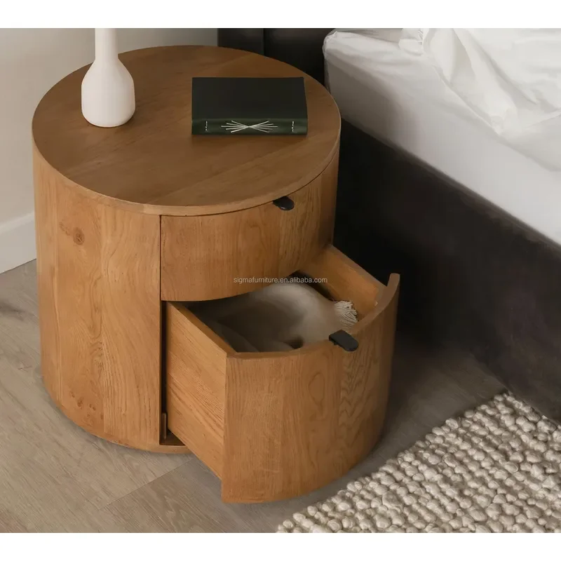 Modern Solid Wood 2-drawer Round Bedroom Bedside Table Cabinet Nightstand