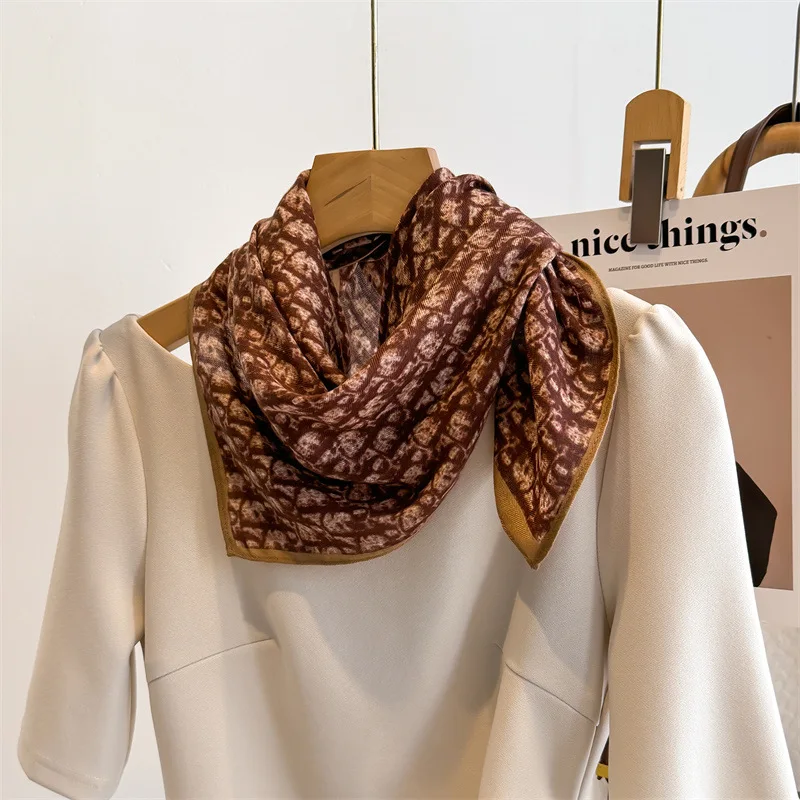 Premium Soft Versatile Blue Letter Print Faux Silk Wool Square Scarf 70cm Cotton Linen Blend Winter Fall Neck Wrap