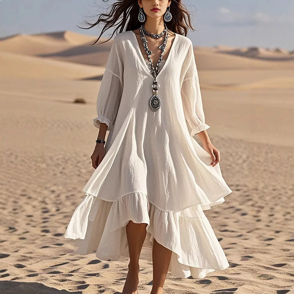 Pure Color V Neck Linen Dress, Casual Maxi Dresses for Women Spring Summer