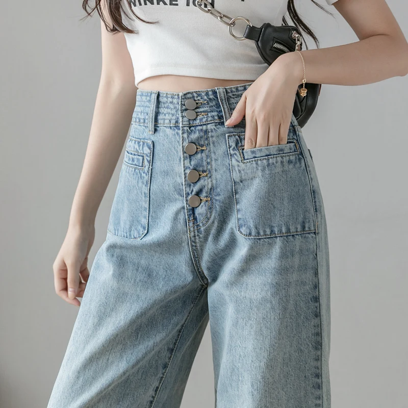

Fashion Loose Buttons Female Wide Leg Denim Trousers High Waist Buttons Solid Straight Women Long Jeans Pants