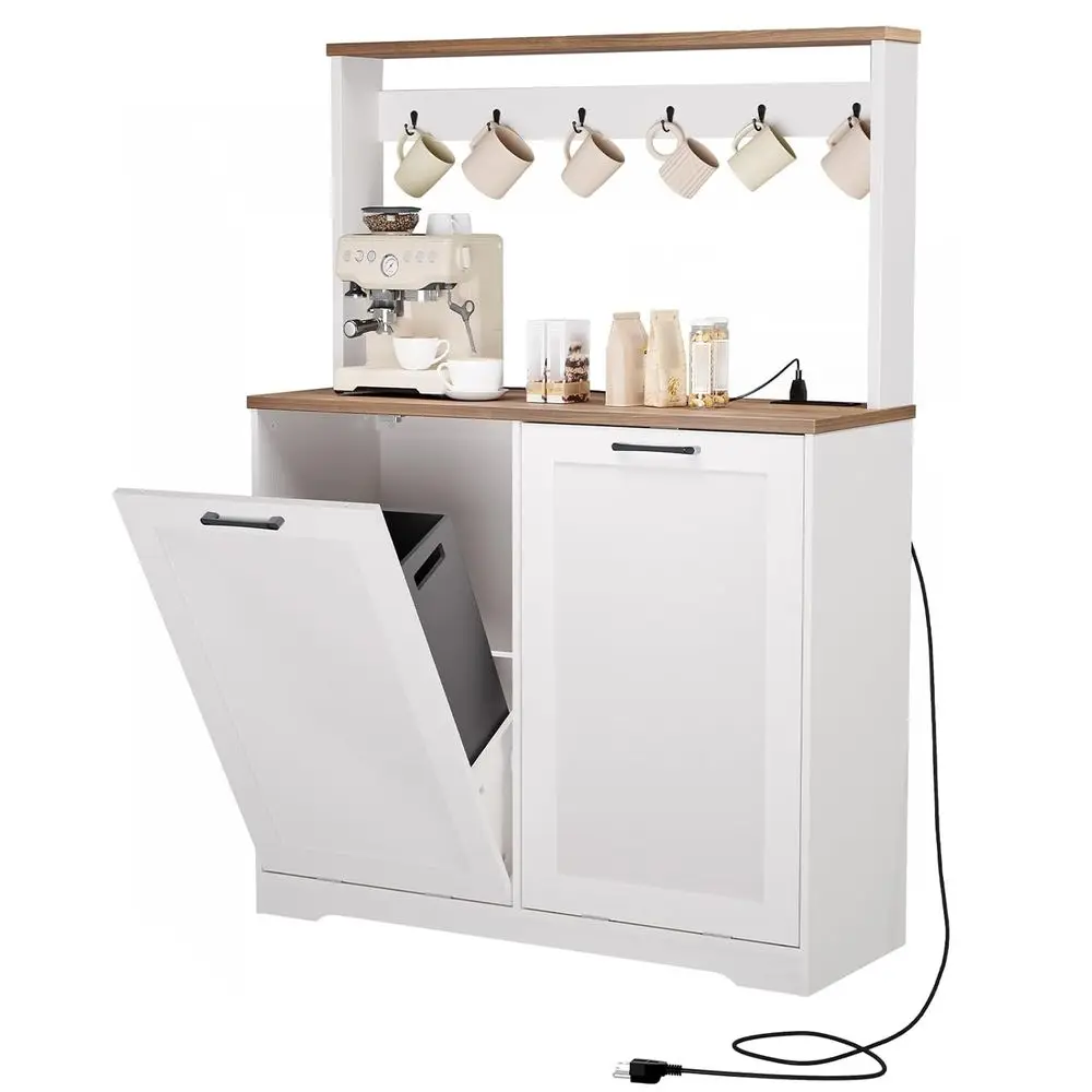 

20 Gallon Wooden Recycling Bin Cabinet with Tilt-Out Trash & Charging Station, Kitchen & Laundry Storage Solution in White