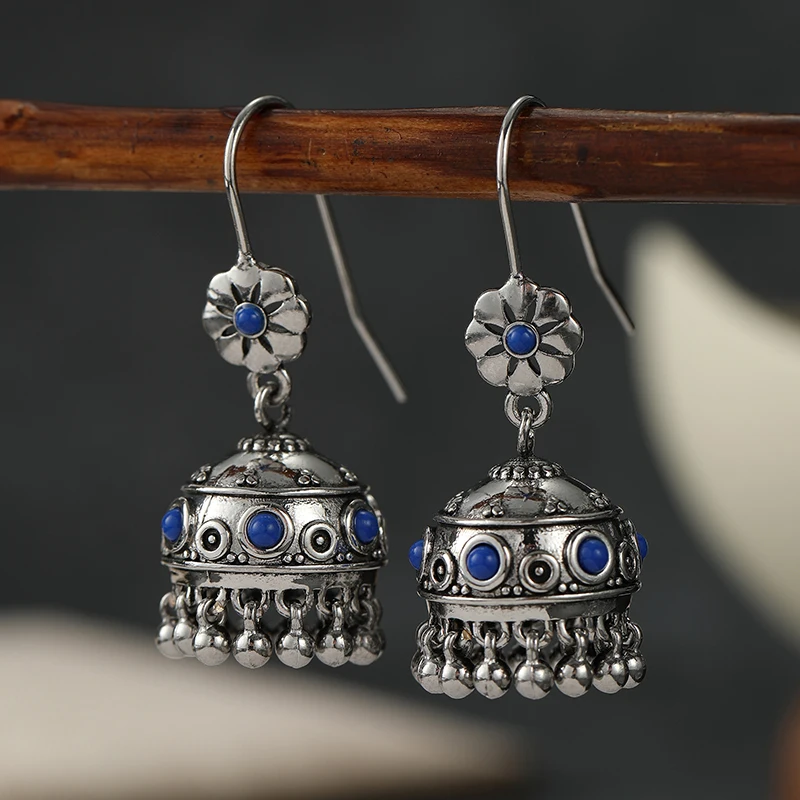 Ethnic Style Synthetic Lapis Lazuli Bell Tassel Drop Earrings Women Vintage Gorgeous Festival Vacation Delicate Handmade Jewelry