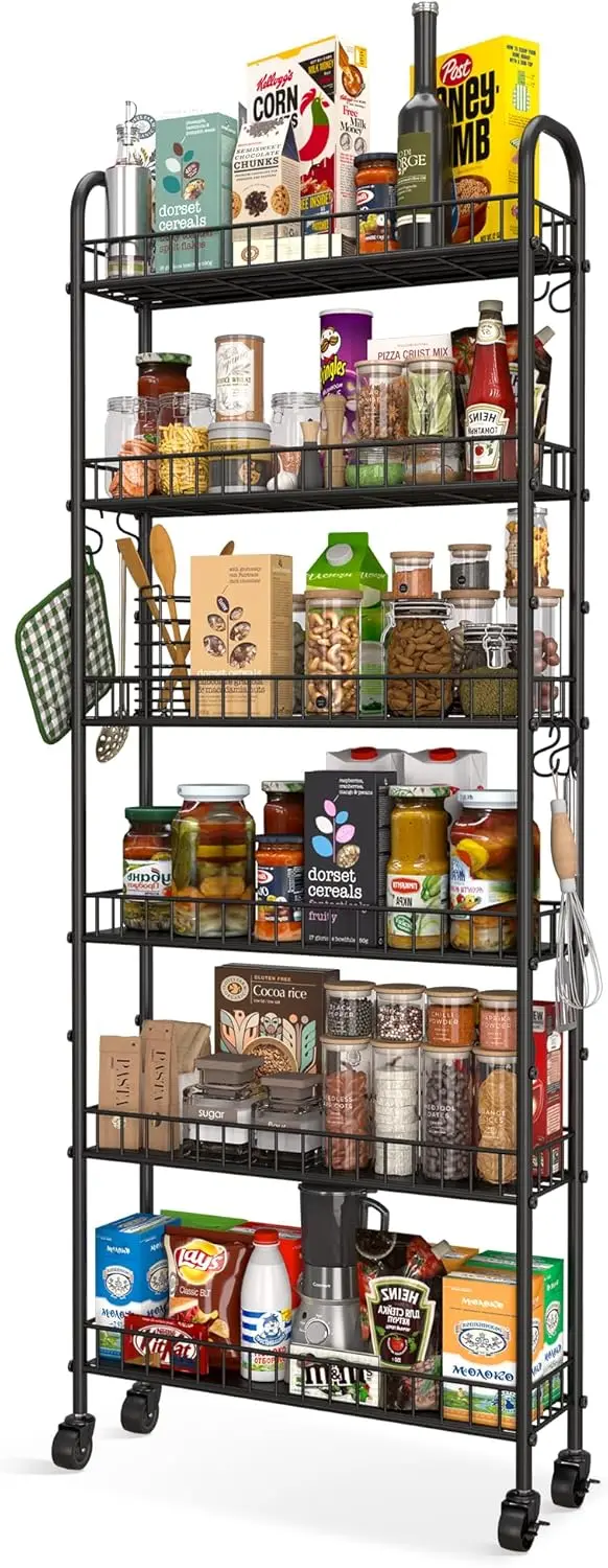 

Slim Rolling Storage Cart with Wheels, Metal 6 Tier Mobile Shelving Unit Organizer Kitchen Utility Cart for Office Bathr