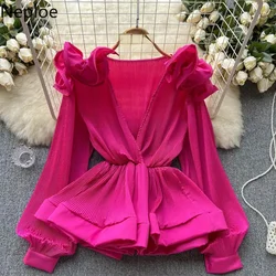 Neploe European American Fashion Sexy Blusas New Three-Dimensional Flower Sweet Shirt Ruffle V-Neck Chiffon Solid Color Blouses