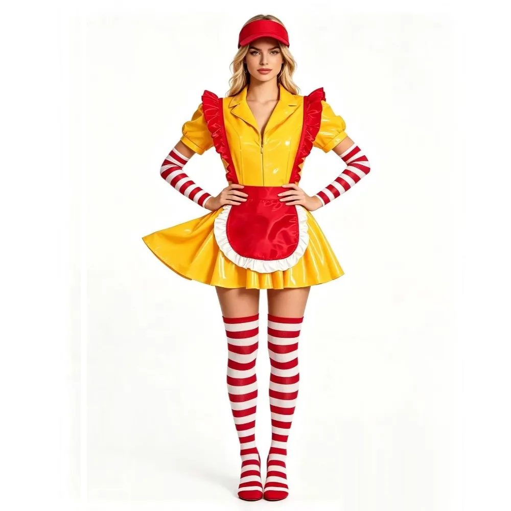 Women's Sexy Leather  Lingerie Maid Uniform Set Waitress Yellow Dress with Red Apron and Hat Halloween Cosplay Costume view 2