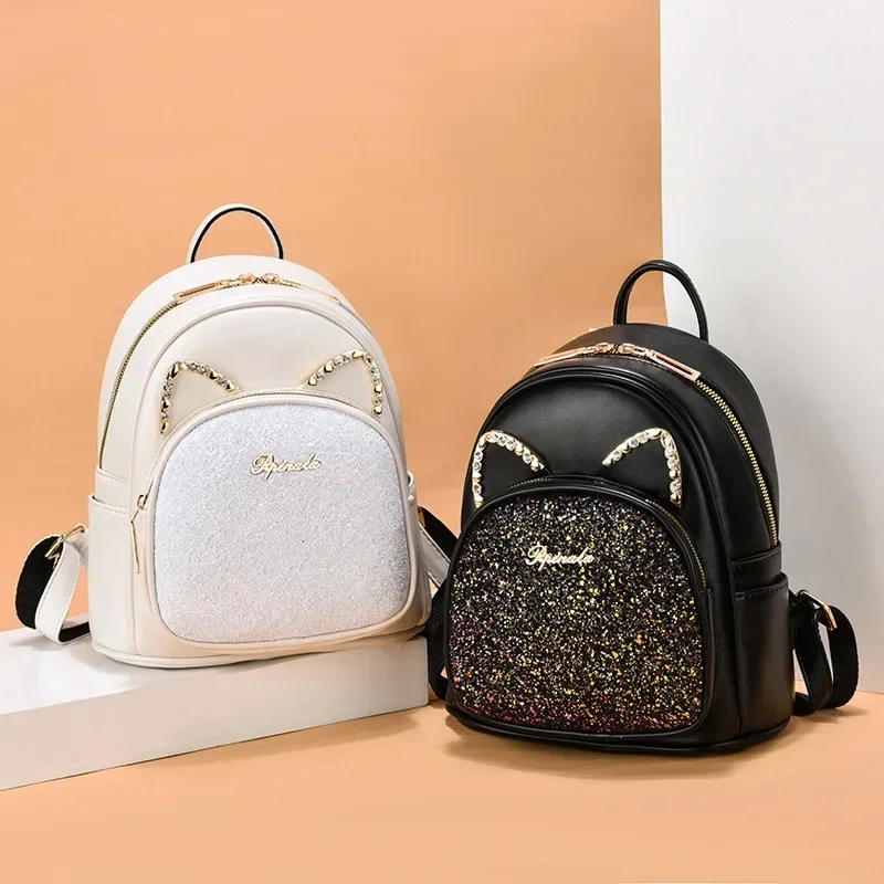 New Sequin Women Backpack 2022 Rhinestone Lovely Cat Women's Female Leather Backpack School Bags Korea Dual-use Shoulder Bags