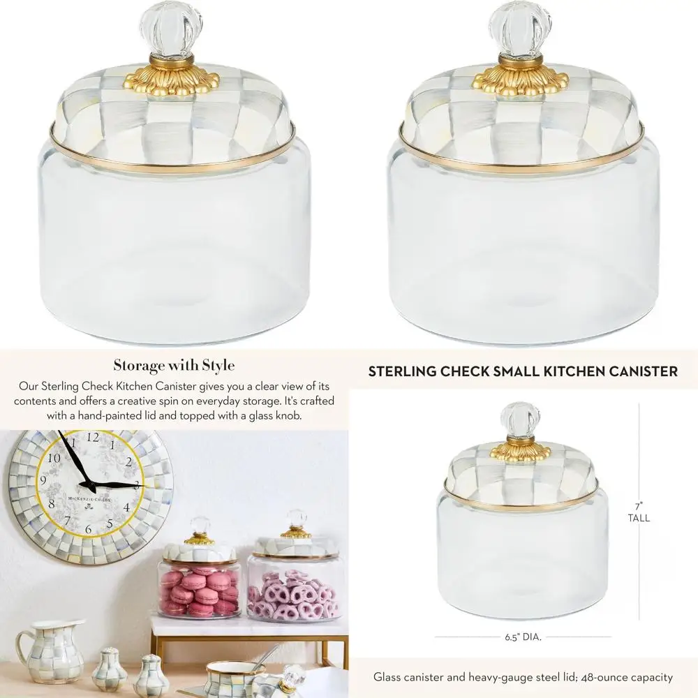 علبة مطبخ زجاجية مزخرفة باللونين الرمادي والأبيض مع غطاء، وعاء تخزين صغير بنمط فحص الاسترليني #1