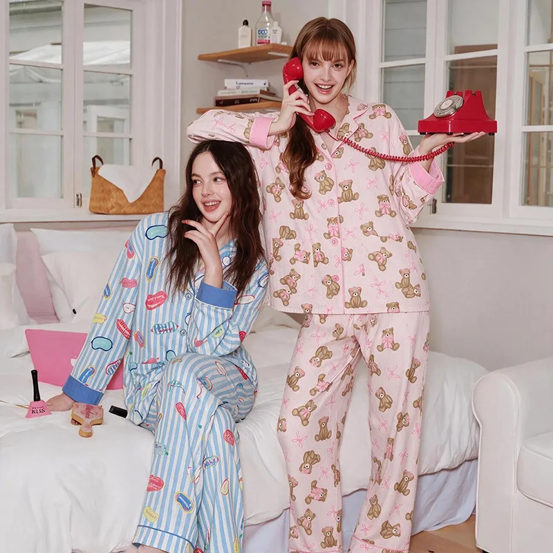 Autumn Winter Female Comfy Cotton Brushed Pajamas Set Loungewear 2PCS Cartoon Long Sleeve Pants Suit Nightwear Loose Pijamas PJS