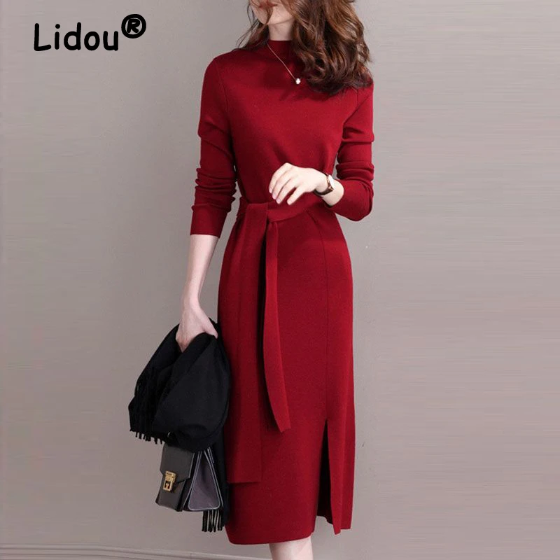 

New Year Red Elegant Ladies Lace Up Sexy Slit Basic Knitted Sweater Dresses Women's Half High Collar Slim Long Sleeve Midi Dress