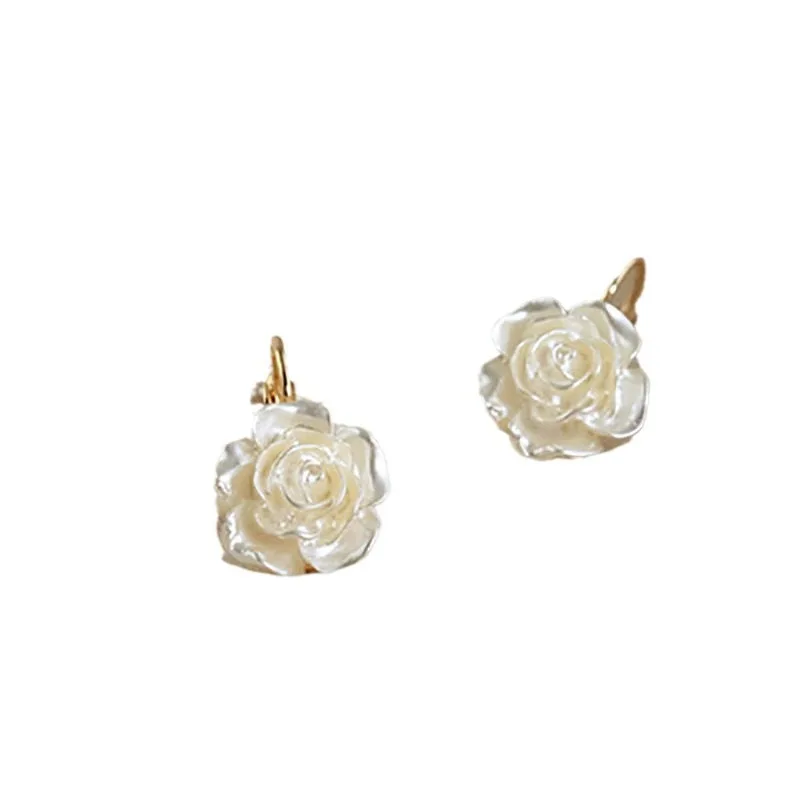 FTCY White Camellia Flower Dangle Earrings For Women French Elegant Summer Earring Sweet Woman\'s Party Jewelry Gift