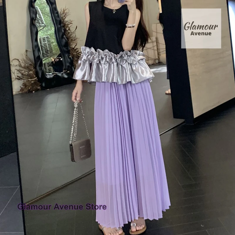 

Summer new French ruffled sleeveless shirt female fashion temperament chic high waist slim purple pleated skirt two-piece.